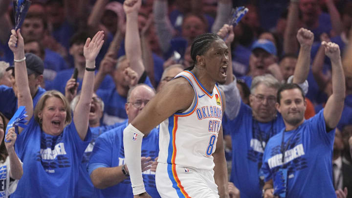 Jun 16, 2025; Oklahoma City, Oklahoma, USA; Oklahoma City Thunder forward Jalen Williams (8) reacts during the second quarter of game five of the 2025 NBA Finals against the Indiana Pacers at Paycom Center. Mandatory Credit: Kyle Terada-Imagn Images