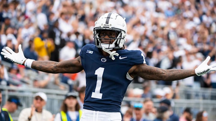 Penn State wide receiver KeAndre Lambert-Smith (1) motions to the crowd after scoring a touchdown. Penn State wide receiver KeAndre Lambert-Smith (1) motions to the crowd after scoring a touchdown.