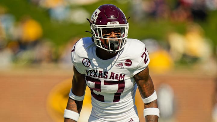 Oct 16, 2021; Columbia, Missouri, USA; Texas A&M Aggies defensive back Antonio Johnson (27) gets ready before the snap against the Missouri Tigers during the second half at Faurot Field at Memorial Stadium. Mandatory Credit: Jay Biggerstaff-Imagn Images