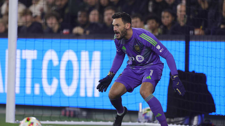Nov 23, 2024; Los Angeles, California, USA; LAFC goalkeeper Hugo Lloris (1) defends the net in the second half against Seattle Sounders FC in a 2024 MLS Cup western conference semifinal match at BMO Stadium. Mandatory Credit: Ryan Sun-Imagn Images
