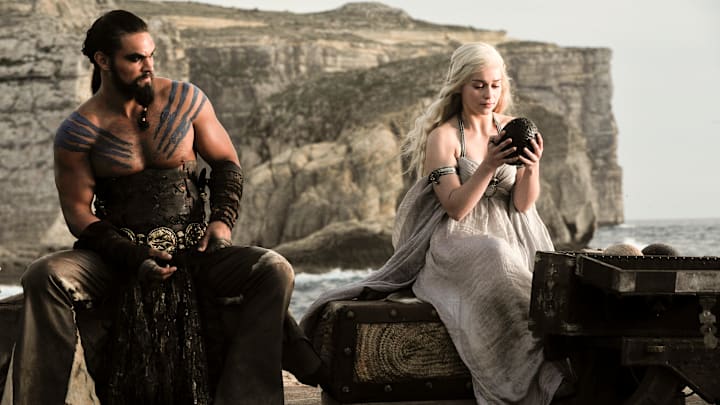 Jason Momoa (Khal Drogo) and Emilia Clarke (Daenerys Targaryen) in Game of Thrones season 1 Episode 1, "Winter Is Coming"