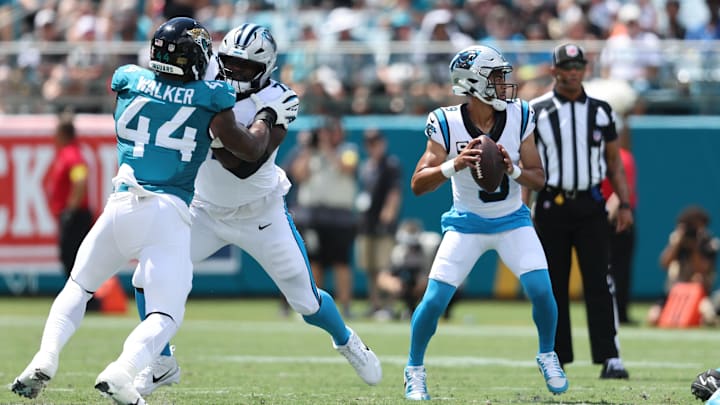Sep 7, 2025; Jacksonville, Florida, USA; Carolina Panthers quarterback Bryce Young (9) stands in the pocket against the Jacksonville Jaguars during the first half at EverBank Stadium. Mandatory Credit: Morgan Tencza-Imagn Images