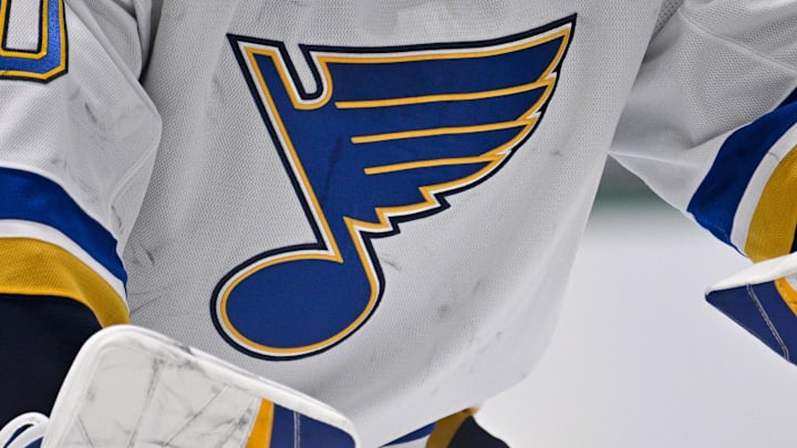 Dec 14, 2024; Dallas, Texas, USA; A view of the Blues logo on the jersey of St. Louis Blues goaltender Jordan Binnington (50) during the game between the Dallas Stars and the St. Louis Blues at American Airlines Center. Mandatory Credit: Jerome Miron-Imagn Images Dec 14, 2024; Dallas, Texas, USA; A view of the Blues logo on the jersey of St. Louis Blues goaltender Jordan Binnington (50) during the game between the Dallas Stars and the St. Louis Blues at American Airlines Center. Mandatory Credit: Jerome Miron-Imagn Images