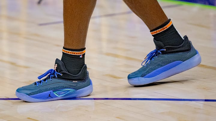 Jan 7, 2025; New Orleans, Louisiana, USA; The shoes of New Orleans Pelicans forward Zion Williamson are seen before a game against the Minnesota Timberwolves at Smoothie King Center. Jan 7, 2025; New Orleans, Louisiana, USA; The shoes of New Orleans Pelicans forward Zion Williamson are seen before a game against the Minnesota Timberwolves at Smoothie King Center.
