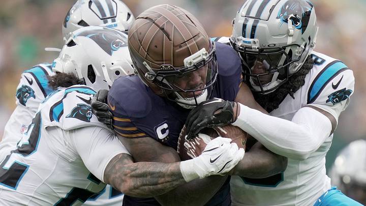 Green Bay Packers running back Josh Jacobs fights for yards during last year's game against Carolina. Green Bay Packers running back Josh Jacobs fights for yards during last year's game against Carolina.