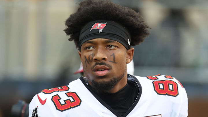 Aug 16, 2025; Pittsburgh, Pennsylvania, USA;  Tampa Bay Buccaneers wide receiver Tez Johnson (83) warms up before the game against the Pittsburgh Steelers at Acrisure Stadium. Mandatory Credit: Charles LeClaire-Imagn Images
