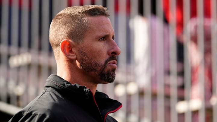 Ohio State Buckeyes co-offensive coordinator Brian Hartline takes the field prior to the NCAA football game between the Ohio State Buckeyes and the Nebraska Cornhuskers at Ohio Stadium in Columbus on Saturday, Oct. 26, 2024.