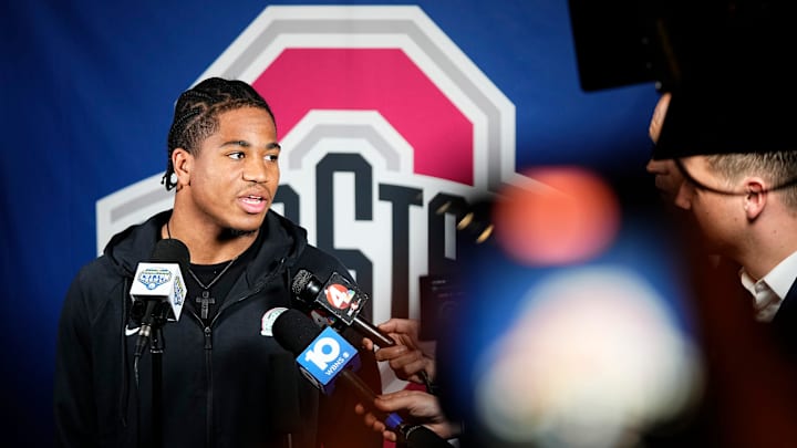 Ohio State Buckeyes running back James Peoples talks to media after the team arrives at the Hilton Anatole Hotel in Dallas prior to the Cotton Bowl. Ohio State Buckeyes running back James Peoples talks to media after the team arrives at the Hilton Anatole Hotel in Dallas prior to the Cotton Bowl.