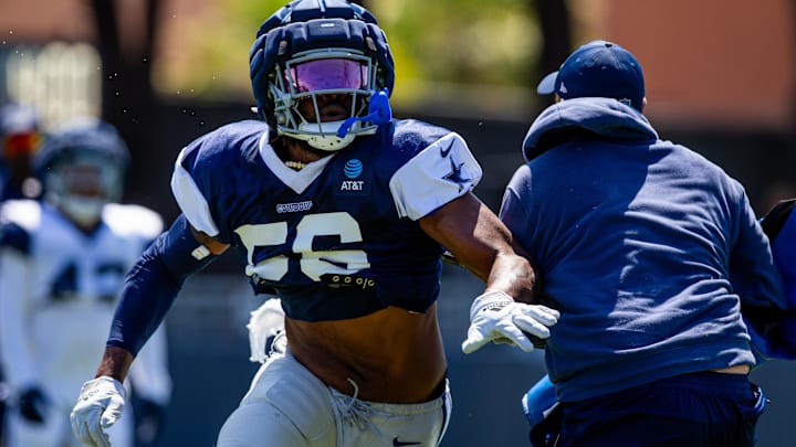 Dallas Cowboys defensive end Dante Fowler Jr. goes through drills during training camp in Oxnard, California. 