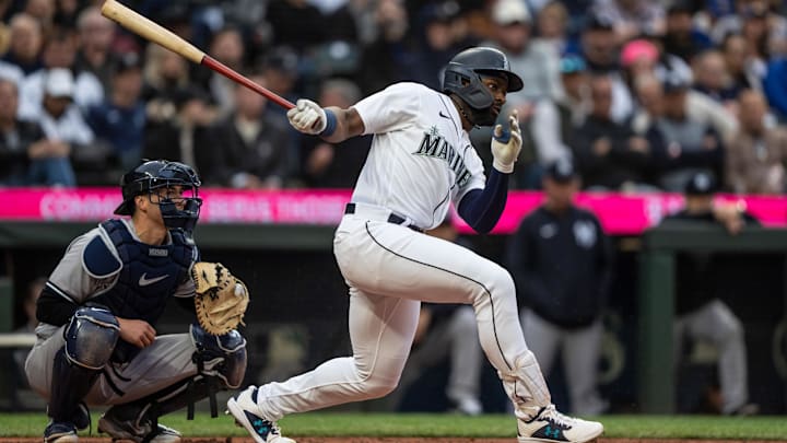 May 31, 2023; Seattle, Washington, USA; Seattle Mariners designated hitter Taylor Trammell (5) takes a swing during an at-bat against the New York Yankees at T-Mobile Park. 