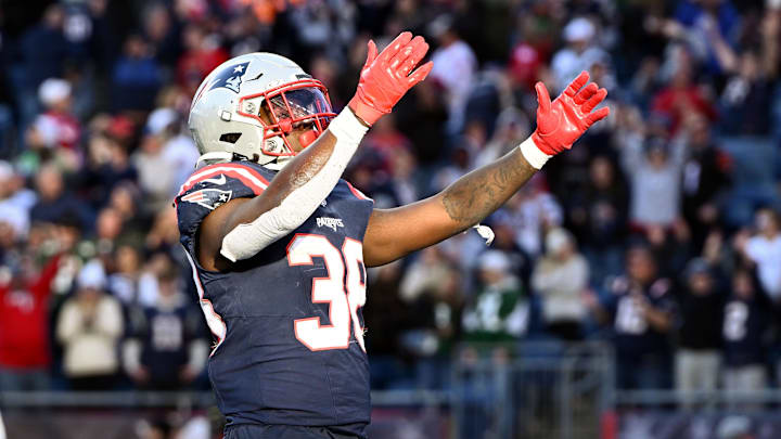 New England Patriots running back Rhamondre Stevenson. New England Patriots running back Rhamondre Stevenson.