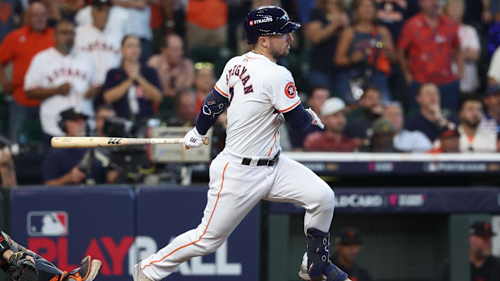 Oct 1, 2024; Houston, Texas, USA; Houston Astros third base Alex Bregman (2) hits a single against the Detroit Tigers in the ninth inning in game one of the Wild Card round for the 2024 MLB Playoffs at Minute Maid Park. Oct 1, 2024; Houston, Texas, USA; Houston Astros third base Alex Bregman (2) hits a single against the Detroit Tigers in the ninth inning in game one of the Wild Card round for the 2024 MLB Playoffs at Minute Maid Park.