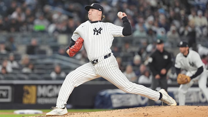 Apr 4, 2026; Bronx, New York, USA; New York Yankees pitcher Ryan Weathers (40) delivers a pitch against the Miami Marlins during the second inning at Yankee Stadium. Mandatory Credit: Gregory Fisher-Imagn Images