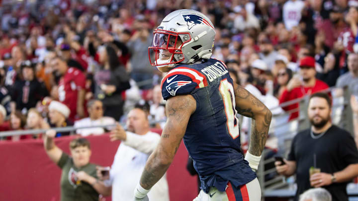 Dec 15, 2024; Glendale, Arizona, USA; New England Patriots cornerback Christian Gonzalez (0) against the Arizona Cardinals at State Farm Stadium.