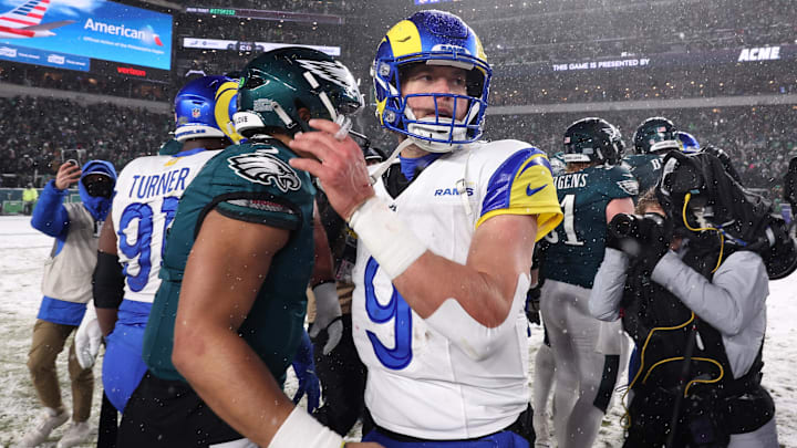 Jan 19, 2025; Philadelphia, Pennsylvania, USA; Philadelphia Eagles quarterback Jalen Hurts (1) greets Los Angeles Rams quarterback Matthew Stafford (9) after their game in a 2025 NFC divisional round game at Lincoln Financial Field. Mandatory Credit: Bill Streicher-Imagn Images