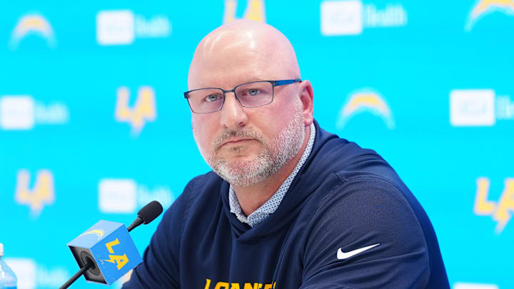 Apr 16, 2026; El Segundo, CA, USA; Los Angeles Chargers general manager Joe Hortiz speaks at press conference at The Bolt. Mandatory Credit: Kirby Lee-Imagn Images