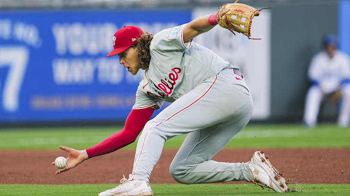 Philadelphia Phillies third baseman Alec Bohm fields a ground ball against the Kansas City Royals on Aug. 24 at Kauffman Stadium.
