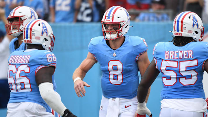 Oct 29, 2023; Nashville, Tennessee, USA; Tennessee Titans quarterback Will Levis (8) celebrates after throwing his first career touchdown during the first half against the Atlanta Falcons at Nissan Stadium.