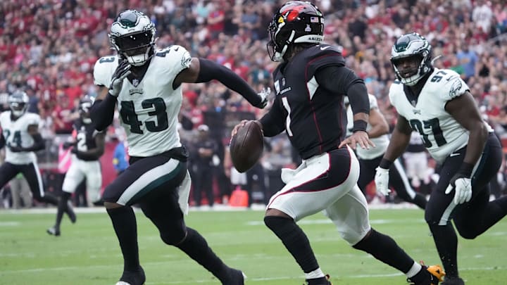 Oct 9, 2022; Glendale, Arizona, U.S.;  Arizona Cardinals quarterback Kyler Murray (1) scrambles away