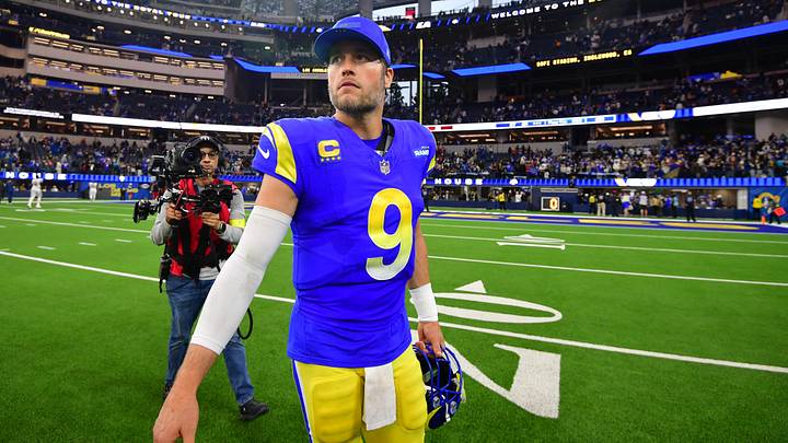 Jan 4, 2026; Inglewood, California, USA;  Los Angeles Rams quarterback Matthew Stafford (9) leaves the field following a game against the Arizona Cardinals at SoFi Stadium. Mandatory Credit: Gary A. Vasquez-Imagn Images