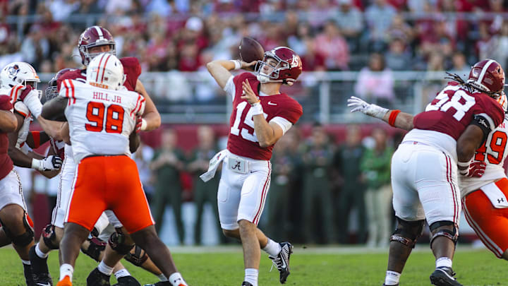 Nov 16, 2024; Tuscaloosa, Alabama, USA; Alabama Crimson Tide quarterback Ty Simpson (15) throws against the Mercer Bears during the third quarter at Bryant-Denny Stadium. Nov 16, 2024; Tuscaloosa, Alabama, USA; Alabama Crimson Tide quarterback Ty Simpson (15) throws against the Mercer Bears during the third quarter at Bryant-Denny Stadium.
