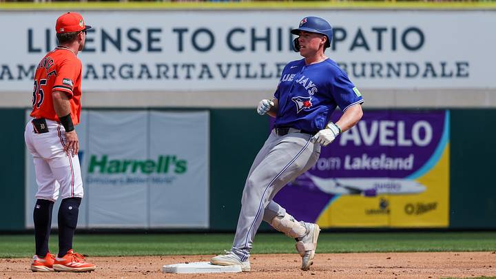 Mar 1, 2026; Lakeland, Florida, USA; Toronto Blue Jays first baseman Sean Keys (89) at second on a double during the third inning against the Detroit Tigers at Publix Field at Joker Marchant Stadium. Mandatory Credit: Mike Watters-Imagn Images Mar 1, 2026; Lakeland, Florida, USA; Toronto Blue Jays first baseman Sean Keys (89) at second on a double during the third inning against the Detroit Tigers at Publix Field at Joker Marchant Stadium. Mandatory Credit: Mike Watters-Imagn Images