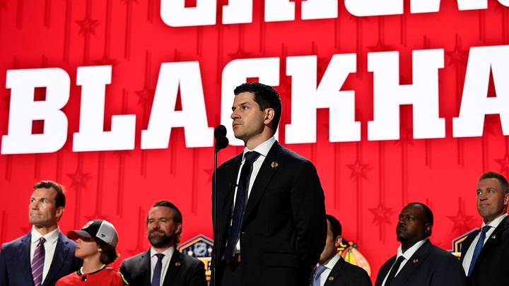 Jun 28, 2023; Nashville, Tennessee, USA; Chicago Blackhawks general manager Kyle Davidson makes the nineteenth pick in round one of the 2023 NHL Draft at Bridgestone Arena. Mandatory Credit: Christopher Hanewinckel-Imagn Images