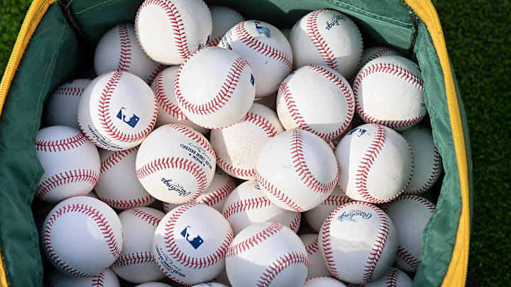 Feb 11, 2026; Mesa, AZ, USA;  General view of baseballs during a Spring Training workout at HoHhokum stadium. Mandatory Credit: Matt Kartozian-Imagn Images