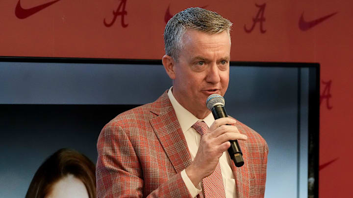 Feb 28, 2025; Birmingham, AL, USA; The University of Alabama celebrated the retirement of Dr. Ginger Gilmore from the athletic training staff Friday at Bryant-Denny Stadium. Athletics director Greg Byrne speaks during the reception.