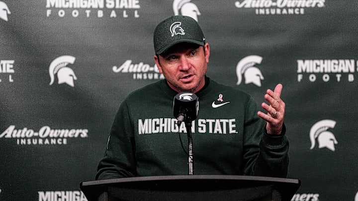 Michigan State head coach Jonathan Smith speaks at the post game press conference after 31-20 loss to Michigan at Spartan Stadium in East Lansing on Saturday, October 25, 2025.