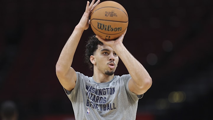 Mar 14, 2024; Houston, Texas, USA; Washington Wizards guard Jules Bernard (14) warms up before the game against the Houston Rockets at Toyota Center.