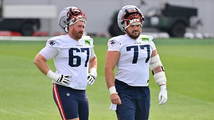 Jul 28, 2026; Foxborough, MA, USA; New England Patriots offensive tackle Andrew Rupcich (67) and center Ben Brown (77) walk to practice for training camp at Gillette Stadium. Mandatory Credit: Eric Canha-Imagn Images Jul 28, 2026; Foxborough, MA, USA; New England Patriots offensive tackle Andrew Rupcich (67) and center Ben Brown (77) walk to practice for training camp at Gillette Stadium. Mandatory Credit: Eric Canha-Imagn Images