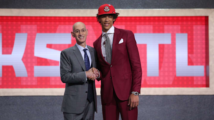 Jun 20, 2019; Brooklyn, NY, USA; Jaxson Hayes (Texas) greets NBA commissioner Adam Silver after being selected as the number eighth overall pick to the Atlanta Hawks in the first round of the 2019 NBA Draft at Barclays Center. Mandatory Credit: Brad Penner-Imagn Images Jun 20, 2019; Brooklyn, NY, USA; Jaxson Hayes (Texas) greets NBA commissioner Adam Silver after being selected as the number eighth overall pick to the Atlanta Hawks in the first round of the 2019 NBA Draft at Barclays Center. Mandatory Credit: Brad Penner-Imagn Images