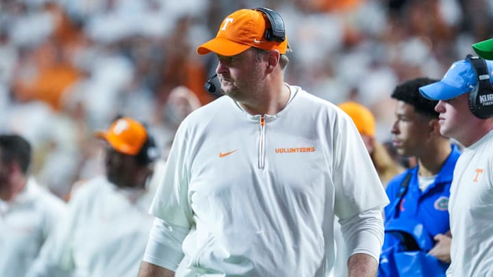 Tennessee head coach Josh Heupel during a NCAA football game between Tennessee and Florida in Neyland Stadium, in Knoxville, Tenn., Oct. 12, 2024. Tennessee head coach Josh Heupel during a NCAA football game between Tennessee and Florida in Neyland Stadium, in Knoxville, Tenn., Oct. 12, 2024.