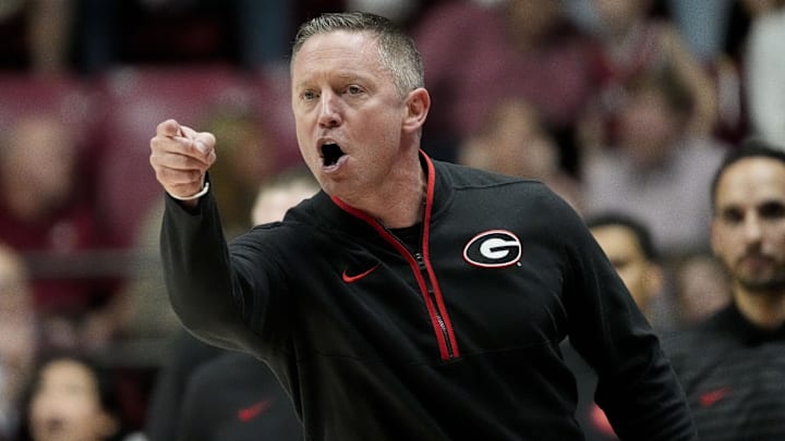 Feb 1, 2025; Tuscaloosa, AL, USA;  Georgia Bulldogs head coach Mike White yells at an official after receiving a technical foul during a game against the Alabama Crimson Tide at Coleman Coliseum. Alabama won 90-69. Mandatory Credit: Gary Cosby Jr/USA TODAY Network via Imagn Images