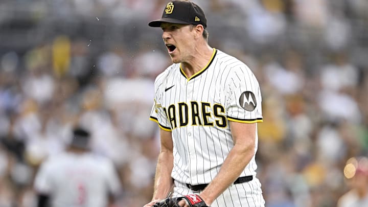 Sep 10, 2025; San Diego, California, USA; San Diego Padres starting pitcher Nick Pivetta (27) reacts after a strike out during the third inning against the Cincinnati Reds at Petco Park. Mandatory Credit: Denis Poroy-Imagn Images Sep 10, 2025; San Diego, California, USA; San Diego Padres starting pitcher Nick Pivetta (27) reacts after a strike out during the third inning against the Cincinnati Reds at Petco Park. Mandatory Credit: Denis Poroy-Imagn Images