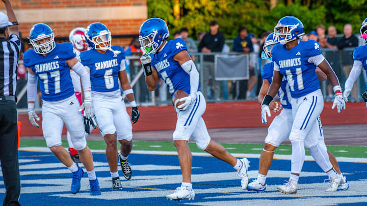 Detroit Catholic Central's Samson Gash celebrates a touchdown during a football game on Friday, Aug. 29, 2025.