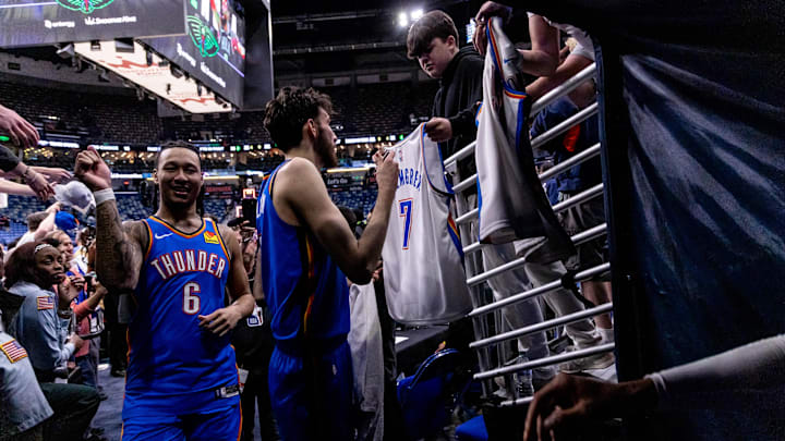 Apr 29, 2024; New Orleans, Louisiana, USA; Oklahoma City Thunder forward Chet Holmgren (7) and