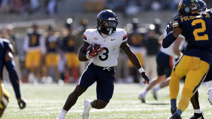 Nov 1, 2025; Berkeley, California, USA; Virginia Cavaliers running back J'Mari Taylor (3) breaks a big gainer against the California Golden Bears during the second quarter at California Memorial Stadium. Mandatory Credit: D. Ross Cameron-Imagn Images Nov 1, 2025; Berkeley, California, USA; Virginia Cavaliers running back J'Mari Taylor (3) breaks a big gainer against the California Golden Bears during the second quarter at California Memorial Stadium. Mandatory Credit: D. Ross Cameron-Imagn Images