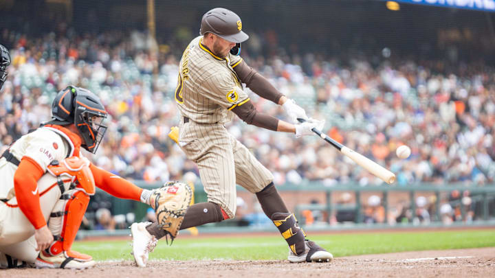 Sep 15, 2024; San Francisco, California, USA; San Diego Padres outfielder Brandon Lockridge (28) flies out to end the tenth inning against the San Francisco Giants at Oracle Park. Mandatory Credit: Bob Kupbens-Imagn Images