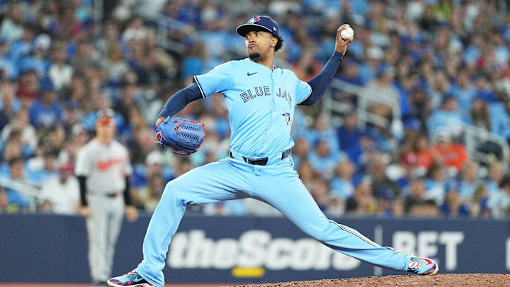 Aug 7, 2024; Toronto, Ontario, CAN; Toronto Blue Jays relief pitcher Genesis Cabrera (92) throws a pitch against the Baltimore Orioles during the sixth inning at Rogers Centre. Aug 7, 2024; Toronto, Ontario, CAN; Toronto Blue Jays relief pitcher Genesis Cabrera (92) throws a pitch against the Baltimore Orioles during the sixth inning at Rogers Centre.