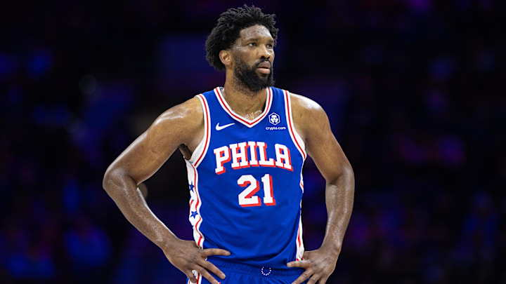 Feb 20, 2025; Philadelphia, Pennsylvania, USA; Philadelphia 76ers center Joel Embiid (21) looks on during the third quarter against the Boston Celtics at Wells Fargo Center. Mandatory Credit: Bill Streicher-Imagn Images