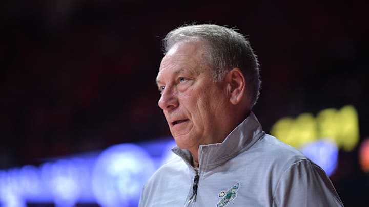 Feb 15, 2025; Champaign, Illinois, USA;  Michigan State Spartans head coach Tom Izzo during the second half against the Illinois Fighting Illini at State Farm Center. Mandatory Credit: Ron Johnson-Imagn Images