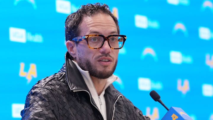 January 27, 2026; El Segundo, California, USA; Los Angeles Chargers offensive coordinator Mike McDaniel speaks at introductory press conference at The Bolt. Mandatory Credit: Kirby Lee-Imagn Images