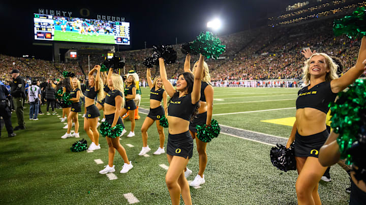 Oct 12, 2024; Eugene, Oregon, USA; Oregon Ducks cheerleaders perform during the second half against the Ohio State Buckeyes at Autzen Stadium.