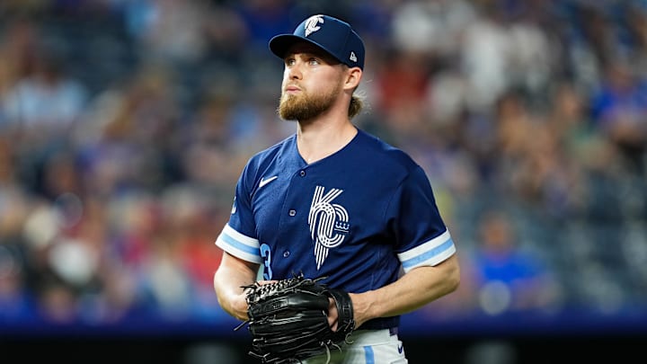 May 26, 2023; Kansas City, Missouri, USA; Kansas City Royals relief pitcher Josh Staumont (63) reacts as he leaves the field during the sixth inning against the Washington Nationals at Kauffman Stadium. Mandatory Credit: Jay Biggerstaff-Imagn Images