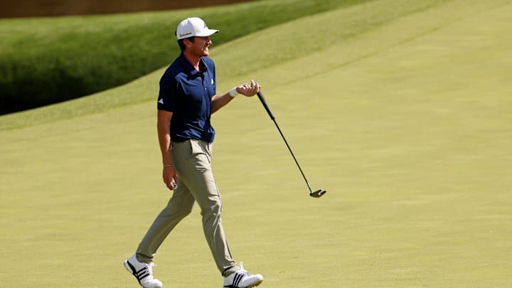 Apr 11, 2025; Augusta, Georgia, USA; Nick Dunlap walks across on the 11th green during the second round of the Masters Tournament at Augusta National Golf Club. Mandatory Credit: Peter Casey-Imagn Images
