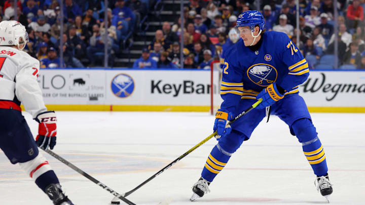 Apr 11, 2024; Buffalo, New York, USA; Buffalo Sabres center Tage Thompson (72) looks to make a pass during the second period against the Washington Capitals at KeyBank Center. Mandatory Credit: Timothy T. Ludwig-Imagn Images Apr 11, 2024; Buffalo, New York, USA; Buffalo Sabres center Tage Thompson (72) looks to make a pass during the second period against the Washington Capitals at KeyBank Center. Mandatory Credit: Timothy T. Ludwig-Imagn Images