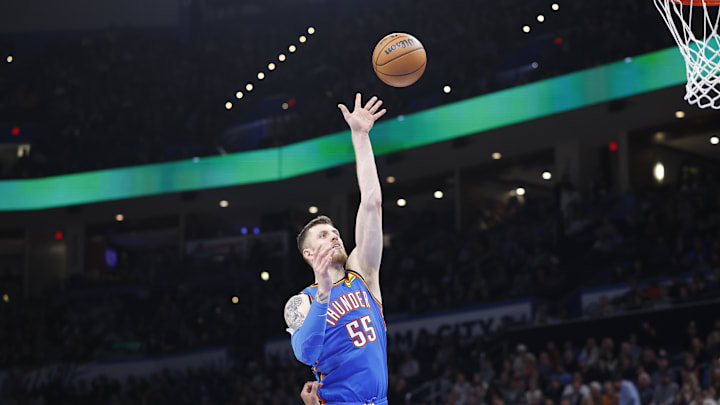 Dec 31, 2024; Oklahoma City, Oklahoma, USA; Oklahoma City Thunder center Isaiah Hartenstein (55) shoots against the Minnesota Timberwolves during the second half at Paycom Center. Mandatory Credit: Alonzo Adams-Imagn Images