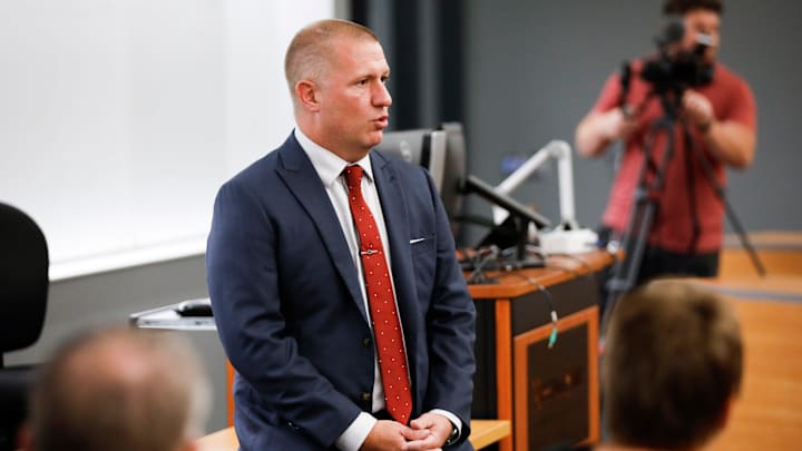 Roger Denny, then a candidate for the Missouri State athletics director job, takes questions at a public forum in Glass Hall in August 2024. Denny will be formally introduced as Oklahoma's athletic director Wednesday.
